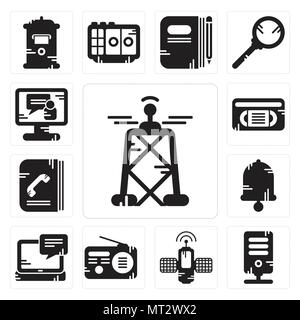 Set Of 13 simple editable icons such as Antenna, Server, Satellite, Radio, Laptop, Bell, Phone book, Vhs, Video call can be used for mobile, web UI Stock Vector