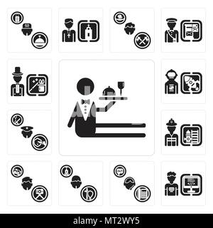 Set Of 13 simple editable icons such as Waiter, Programmer, Support, Priest, Photographer, Firefighter, Policeman, Spaceman, Magician can be used for  Stock Vector