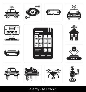 Set Of 13 simple editable icons such as Smartphone, Robot, Drone, Flying shoes, car, Hologram, Ar glasses, Smart house, Hologram can be used for mobil Stock Vector