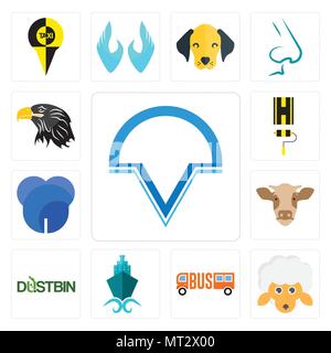 Set Of 13 simple editable icons such as v circle, , shipping company, dustbin, cow head, dent, highway, eagle head can be used for mobile, web UI Stock Vector