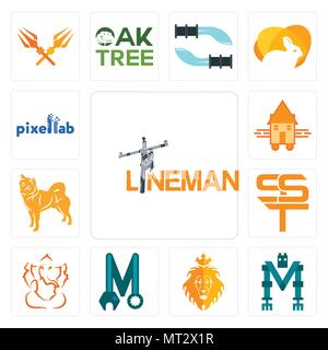 Set Of 13 simple editable icons such as lineman, mech, judah and the lion, photo mechanic, ganesh ji, sst, shiba inu, tiny house, pixellab can be used Stock Vector