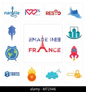 Set Of 13 simple editable icons such as made in france, chainsaw, nervous system, o fire, stratis, rocketship, earth hour, silo, stingray can be used  Stock Vector