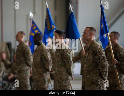 Squadron commanders stand in formation during the 455th Expeditionary Mission Support Group change of command ceremony at Bagram Airfield, Afghanistan, July 20, 2017. During the ceremony, Col. Bradford Coley relinquished command of the 455th EMSG to Col. Phillip Noltemeyer. (U.S. Air Force photo by Staff Sgt. Benjamin Gonsier) Stock Photo