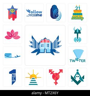 Set Of 13 simple editable icons such as house with wings, freemasons, transgender, rise and shine, all in one, twister, air mail, viking, lotos can be Stock Vector