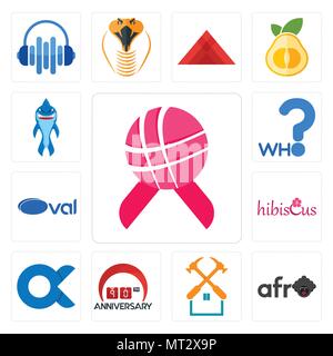 Set Of 13 simple editable icons such as world cancer day, afro, property maintenance, 90th anniversary, , hibiscus, oval, who, shark mascot can be use Stock Vector