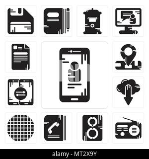 Set Of 13 simple editable icons such as Smartphone, Radio, Speaker, Phone book, Grid, Cloud computing, Location, File can be used for mobile, web UI Stock Vector