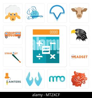 Set Of 13 simple editable icons such as calculator, bear head, 3 letter, two hands, painters, headset, strike out, eagle  can be used for mobile, web  Stock Vector