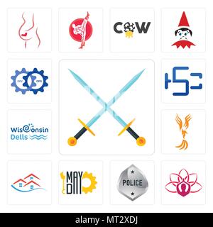 Set Of 13 simple editable icons such as excalibur, lotus, generic police, mayday, emlak, anka, wisconsin dells, hsc, devops can be used for mobile, we Stock Vector