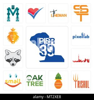 Set Of 13 simple editable icons such as pier 39, trishul, kalash, oaktree, smail, toronto skyline, tanuki, pixellab, judah and the lion can be used fo Stock Vector
