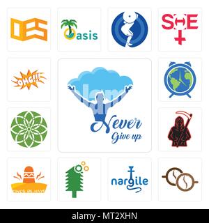 Set Of 13 simple editable icons such as never give up, cofee, nargile, tree service, cinco de mayo, grim reaper, jasmine, earth hour, omg can be used  Stock Vector
