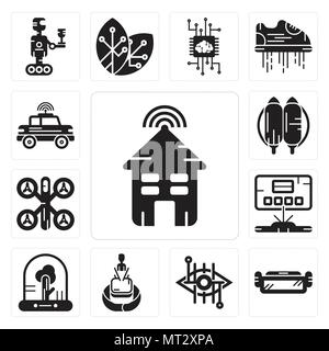 Set Of 13 simple editable icons such as Smart house, Ar glasses, Bionic contact lens, Hologram, Tree, Drone, Jetpack, Car can be used for mobile, web  Stock Vector
