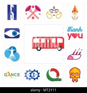 Set Of 13 simple editable icons such as bus, skull, quiznos, devops, dance, makeup artist, vitruvian man, thank you, neighborhood watch can be used fo Stock Vector