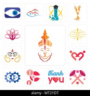 Set Of 13 simple editable icons such as hanuman ji, makeup, thank you, salon, devops, friendship, durga, vip, lotus can be used for mobile, web UI Stock Vector