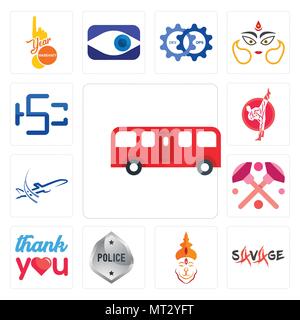 Set Of 13 simple editable icons such as bus, savage, hanuman ji, generic police, thank you, makeup, dreamliner, karate, hsc can be used for mobile, we Stock Vector