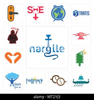 Set Of 13 simple editable icons such as nargile, viking ship, cofee, hallmark, never give up, tree service, handicraft company, catering, grim reaper  Stock Vector