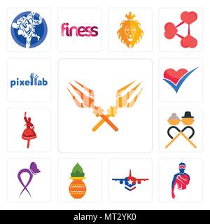 Set Of 13 simple editable icons such as trishul, generic superhero, honor flight, kalash, lupus, senior citizen, polish dancer, healthier choice, pixe Stock Vector