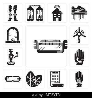 Set Of 13 simple editable icons such as Ar glasses, Wi gloves, Smartphone, Renewable energy, Oculus rift, Phone call, Robot, Windmill, Egg incubator c Stock Vector