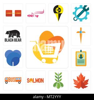 Set Of 13 simple editable icons such as trolley, maple leaf, olive, salmon, , id card, dent, church cross, black bear can be used for mobile, web UI Stock Vector