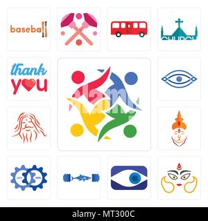 Set Of 13 simple editable icons such as unity, durga, neighborhood watch, gymshark, devops, hanuman ji, patanjali, eye, thank you can be used for mobi Stock Vector