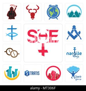 Set Of 13 simple editable icons such as she, never give up, social justice, stratis, construction, nargile, cofee, square and compass, christian fish  Stock Vector
