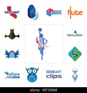 Set Of 13 simple editable icons such as cheerleader, poseidon, great clips, owl company, follow me, winding road, house with wings, metallurgy, bat ma Stock Vector