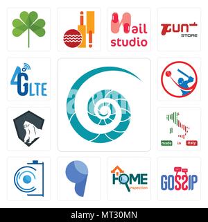 Set Of 13 simple editable icons such as nautilus shell, gossip, home inspection, comma, camera, made in italy, king kong, batsman, 4g lte can be used  Stock Vector