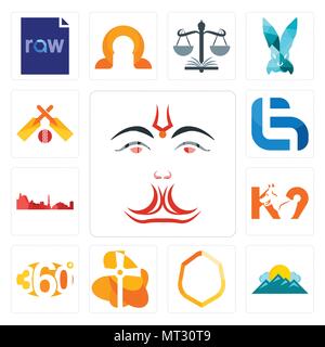 Set Of 13 simple editable icons such as anjaneya, mountain, crest, church, 360 degree, k9, leipzig hd, lg, cricket can be used for mobile, web UI Stock Vector