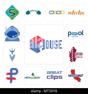 Set Of 13 simple editable icons such as house, west coast, great clips, metallurgy, ruble, qatar national day, poseidon, pool service, astronaut helme Stock Vector