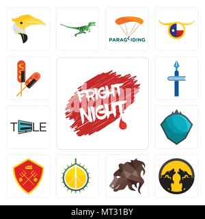 Set Of 13 simple editable icons such as fright night, pack wolf, bear profile, durian, man u, s.h.i.e.l.d., tele, christian school, corn dog can be us Stock Vector