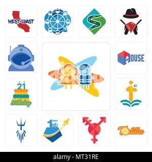Set Of 13 simple editable icons such as childcare, tortilla, transgender, , poseidon, first class, 21 birthday, house, astronaut helmet can be used fo Stock Vector