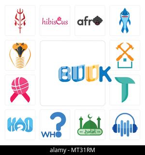 Set Of 13 simple editable icons such as book, audio visual, halal, who, h2o, teal, world cancer day, property maintenance, snake head can be used for  Stock Vector