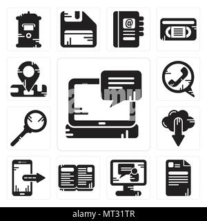 Set Of 13 simple editable icons such as Laptop, File, Video call, Open book, Smartphone, Cloud computing, Search, Phone Location can be used for mobil Stock Vector