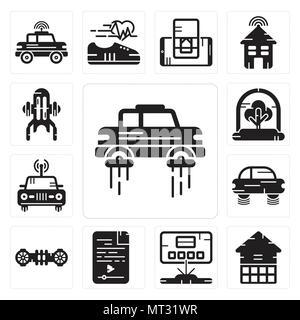 Set Of 13 simple editable icons such as Flying car, Eco house, Hologram, Audio file, Hoverboard, Car, Tree, Jet pack can be used for mobile, web UI Stock Vector