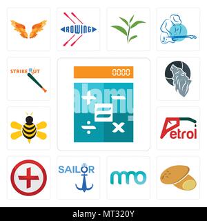 Set Of 13 simple editable icons such as calculator, potato, 3 letter, sailor, image of  cross, petrol, honey bee, wolf, strike out can be used for mob Stock Vector