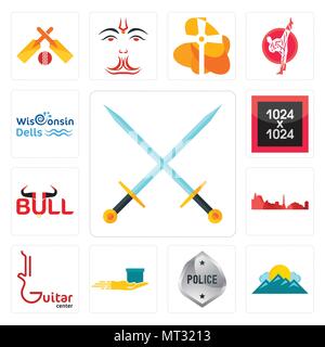 Set Of 13 simple editable icons such as excalibur, mountain, generic police, cash on delivery, guitar center, leipzig hd, bull, 1024x1024, wisconsin d Stock Vector