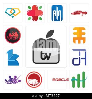 Set Of 13 simple editable icons such as apple tv, continuous improvement, oracle, save the rhino, gym with purple, dth, 111, eee, domestic violence ca Stock Vector
