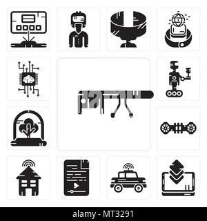 Set Of 13 simple editable icons such as Google glasses, Smartphone, Car, Audio file, Smart house, Hoverboard, Tree, Robot, Artificial intelligence can Stock Vector