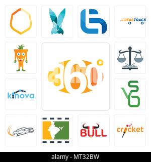 Set Of 13 simple editable icons such as 360 degree, cricket, bull, bollywood, drift, bvs, kinova, naacp, mascot can be used for mobile, web UI Stock Vector