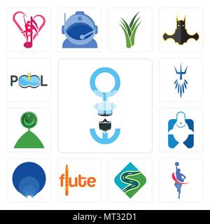 Set Of 13 simple editable icons such as seaman, cheerleader, winding road, flute, golden ratio, fishing store, muslim crescent, poseidon, pool company Stock Vector