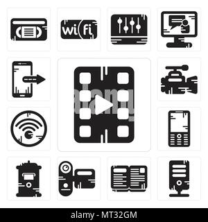 Set Of 13 simple editable icons such as Video player, Server, Open book, Camcorder, Mailbox, Mobile phone, Wifi, camera, Smartphone can be used for mo Stock Vector