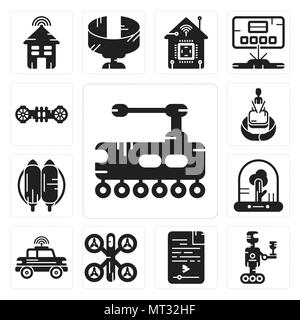 Set Of 13 simple editable icons such as Tank, Robot, Audio file, Drone, Car, Tree, Jetpack, Hologram, Hoverboard can be used for mobile, web UI Stock Vector