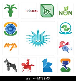 Set Of 13 simple editable icons such as urchin, indian rupee, 111, knight on horseback, schnauzer, callout, ahp, acupressure, ashok chakra can be used Stock Vector