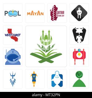 Set Of 13 simple editable icons such as quran, muslim crescent, fishing store, stellar, poseidon, food photography, astronaut helmet, vikings, west co Stock Vector