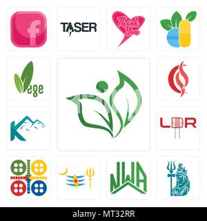 Set Of 13 simple editable icons such as leaf, lord shiva, nwa, mahadev, ludo, ldr, k mountain, scs, vege can be used for mobile, web UI Stock Vector