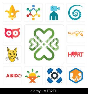 Set Of 13 simple editable icons such as four  hearts, arm wrestling, , farm to table, aikido, hart, bobcat, sax, minimal owl can be used for mobile, w Stock Vector