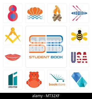 Set Of 13 simple editable icons such as student book, diamond, bookstore, cute bear, lorem ipsum, american flag, lip, honey bee, masonic can be used f Stock Vector