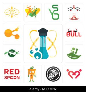 Set Of 13 simple editable icons such as science, friendship, usmc, mascot, spoon on its, ayurvedic, crocs, bull, bitconnect can be used for mobile, we Stock Vector