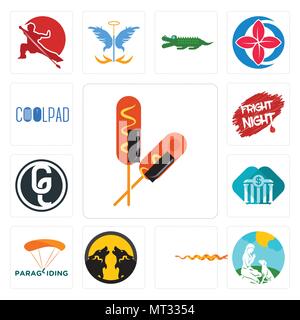 Set Of 13 simple editable icons such as corn dog, dog trainer, rattlesnake, pack wolf, paragliding, all bank, ge white, fright night, coolpad can be u Stock Vector