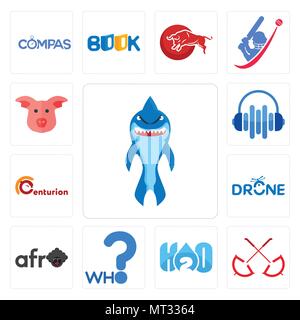 Set Of 13 simple editable icons such as shark mascot, umbrella, h2o, who, afro, drone photography, centurion, audio visual, pig face can be used for m Stock Vector