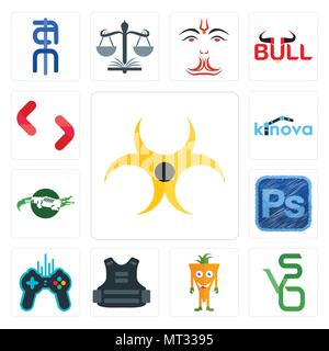 Set Of 13 simple editable icons such as biohazard, bvs, mascot, body armor, free gaming, photoshop, crocs, kinova, SH can be used for mobile, web UI Stock Vector